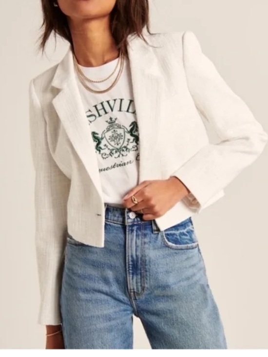 Abercrombie & Fitch Jackets & Blazers - ABERCROMBIE & FITCH COTTON LINEN WOMENS CROPPED BLAZER WHITE SMALL